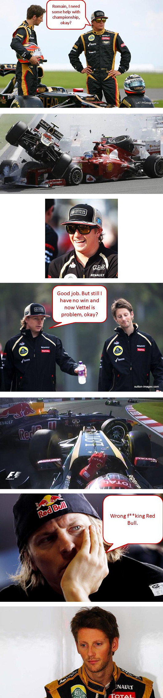 Kimi Raikkonen talks to Romain Grosjean about crash tactics