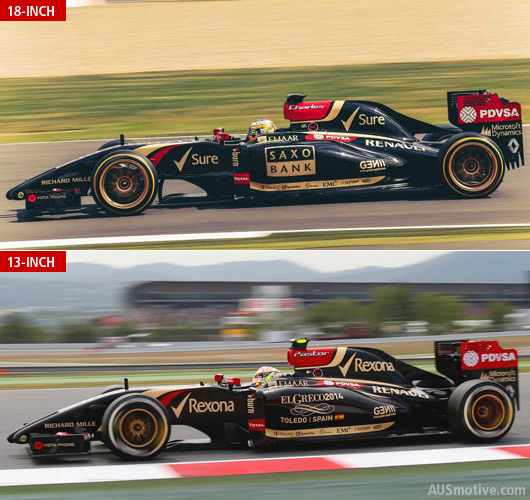 F1 tyres 18-inch tyres compared with 13-inch