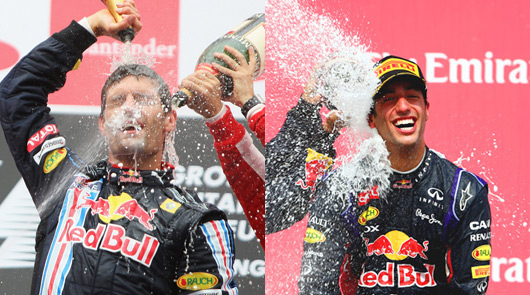 Mark Webber and Daniel Ricciardo celebrate their maiden grand prix wins