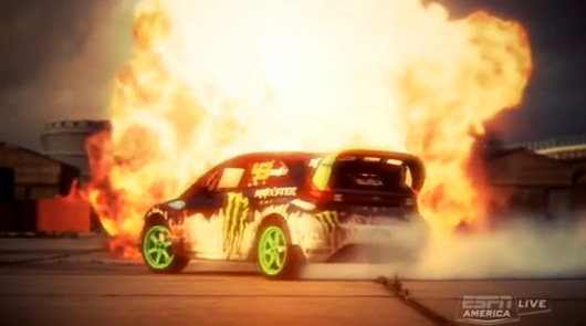  up to mischief in his Ford Fiesta to promote upcoming rally game DiRT 3