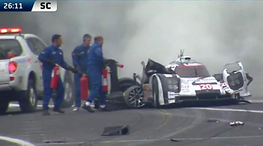 Mark Webber crashes heavily during closing stages of the 6 Hours of Sao Paulo race.